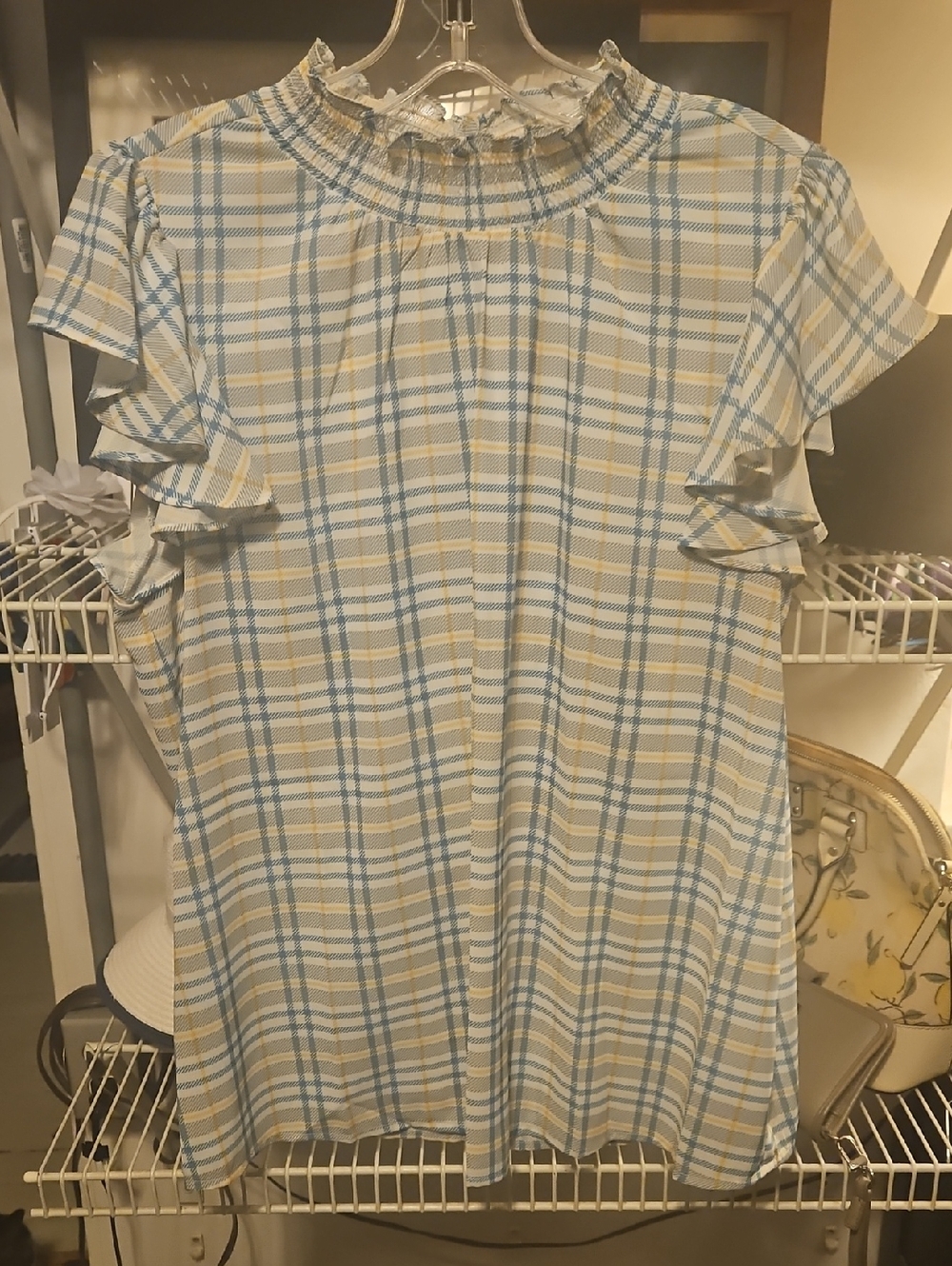 Sugarlips Blue and Yellow Plaid Ruffle Sleeve Top